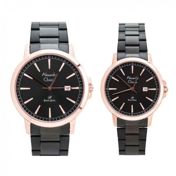 Alexandre Christie AC 1014 Rosegold Black Steel Couple